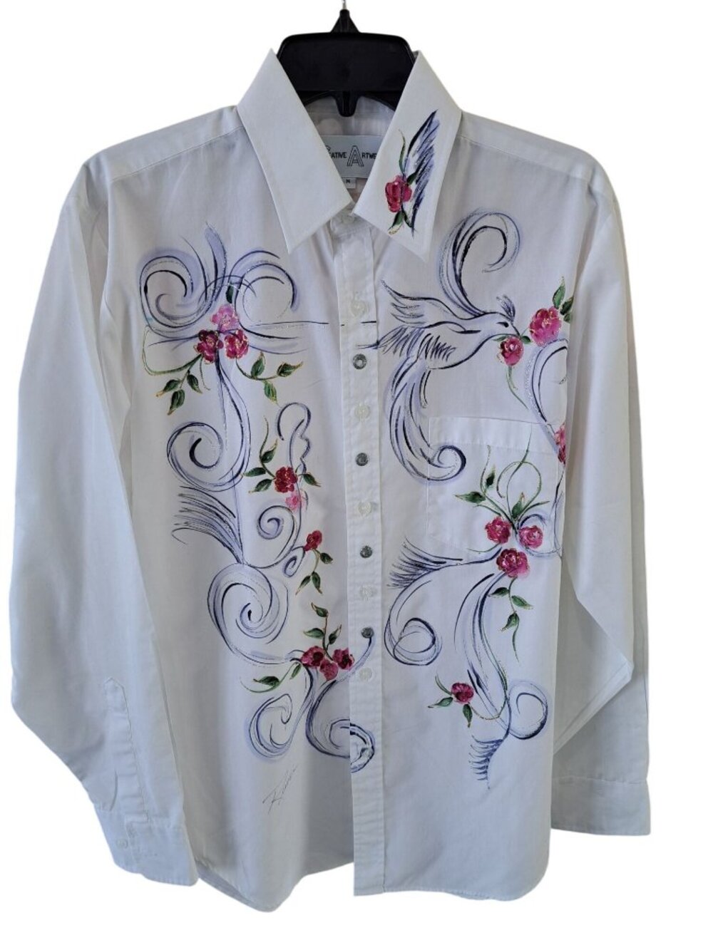 Hand-Painted Creative Artwear White Button-Up Shirt  Floral  Bird Women's Med